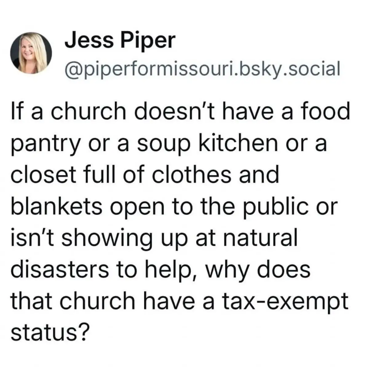 A screenshot of a social media post by Jess Piper, showing her profile picture and handle, with a block of text questioning…