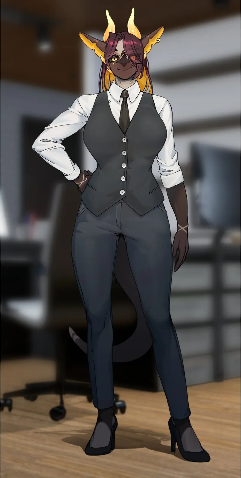 An anime-style anthropomorphic character with devil horns, pointed ears, and a tail stands confidently in a business suit…