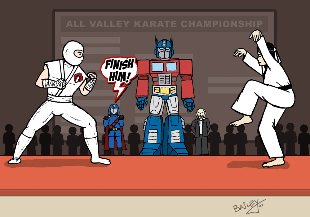 Two karate fighters face off on a red mat under a sign reading 'ALL VALLEY KARATE CHAMPIONSHIP'. A giant red and blue robot…