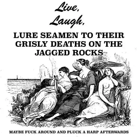 A vintage black-and-white illustration depicts three nude or partially clothed women lounging near a rocky shoreline, one…