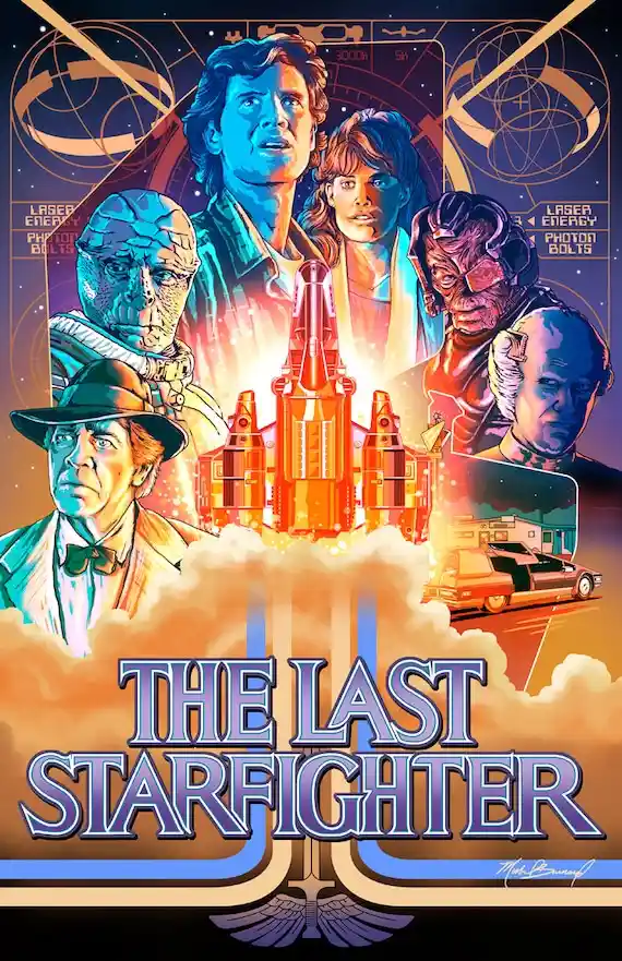 A stylized movie poster for 'The Last Starfighter' features six characters: a man in a fedora, a man with a scarred face, a…
