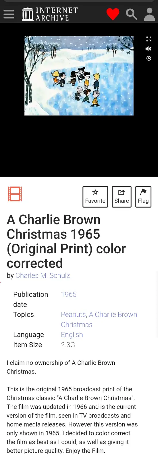 The image displays a screenshot of the Internet Archive page for 'A Charlie Brown Christmas 1965 (Original Print) color…