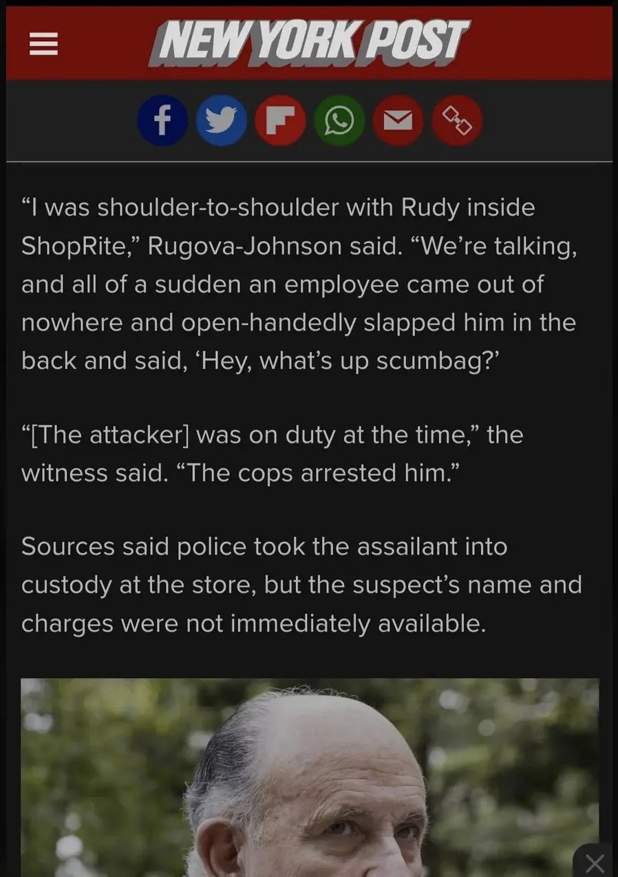 A screenshot of a New York Post article featuring a quote where a witness describes an employee slapping Rudy Giuliani in a…