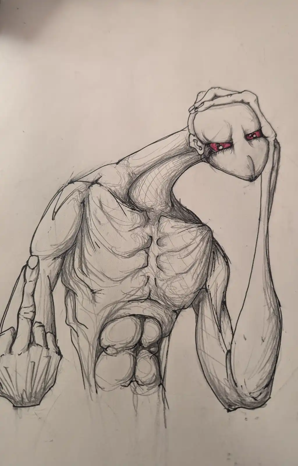 A pencil sketch of a grotesque, muscular humanoid creature with elongated limbs, red eyes, and a distorted face, holding its…