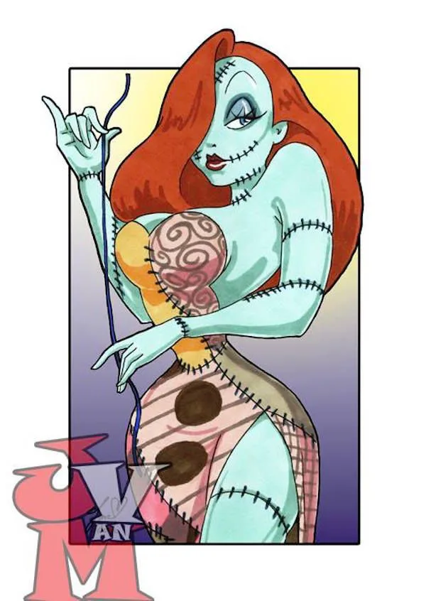 A stylized illustration of a female character with pale blue skin, red hair, and visible black stitching across her body…
