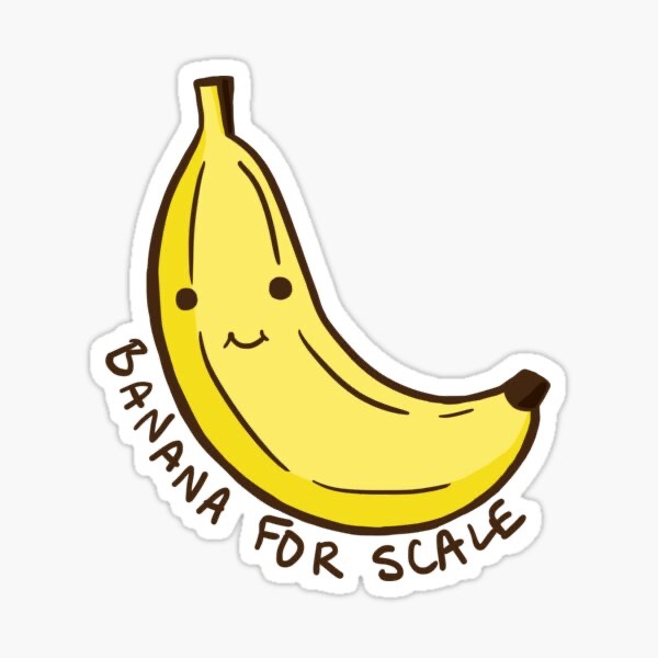 A cartoon banana with a smiling face and simple eyes is depicted as a sticker. The text 'BANANA FOR SCALE' is written in a…
