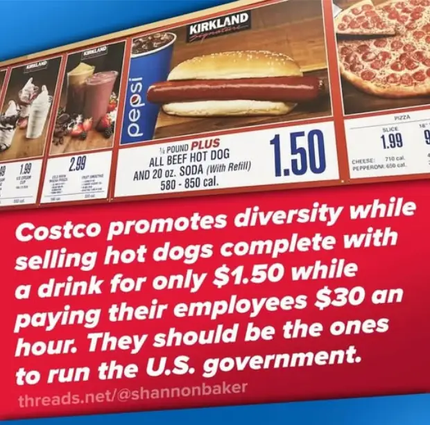 A Costco menu board shows a $1.50 combo of a hot dog and a 20 oz soda. Overlaid text criticizes Costco for promoting…