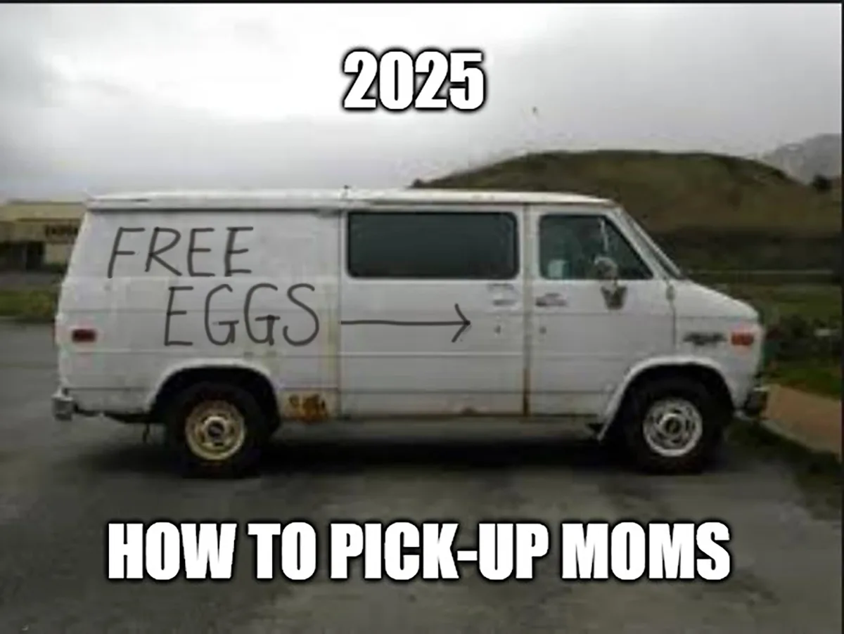 A white van parked outdoors with handwritten text on its side reading 'FREE EGGS' with an arrow pointing right. The year…