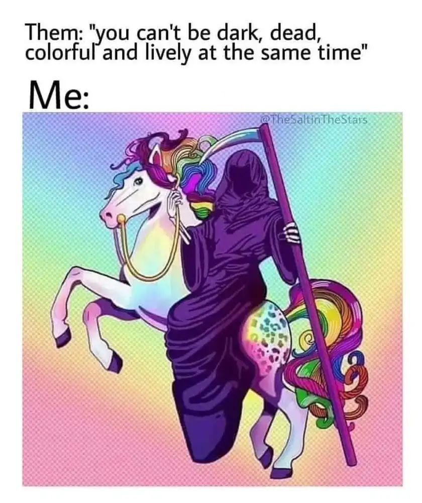 The image shows a stylized illustration of the Grim Reaper, dressed in a dark robe, riding a white unicorn. The unicorn has…
