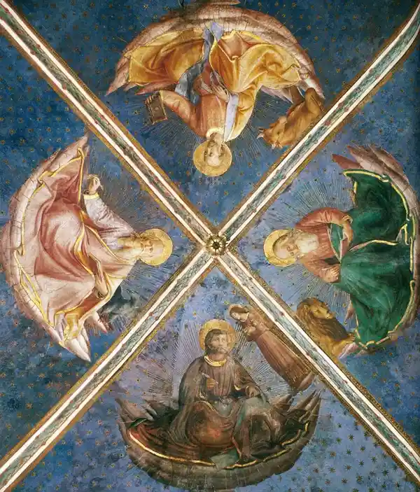 A Renaissance-style ceiling fresco depicting four winged, haloed figures in ornate robes against a starry blue background…