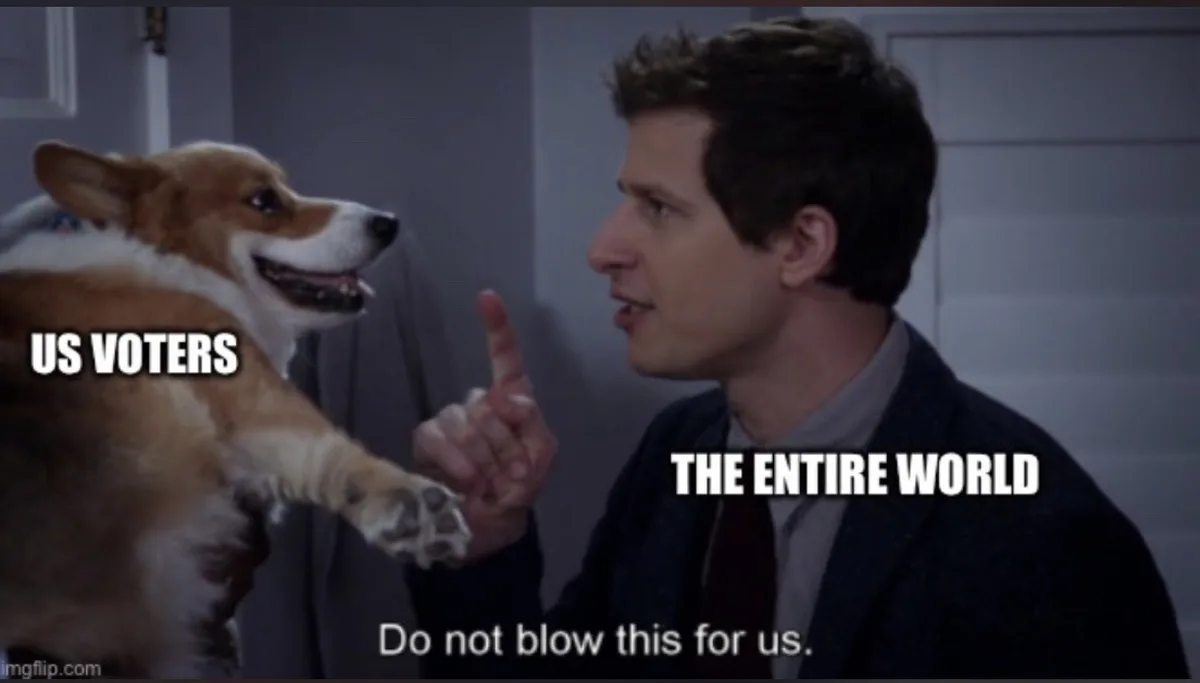 A corgi labeled 'US VOTERS' is being admonished by a man labeled 'THE ENTIRE WORLD' who is pointing at it and saying 'Do not…