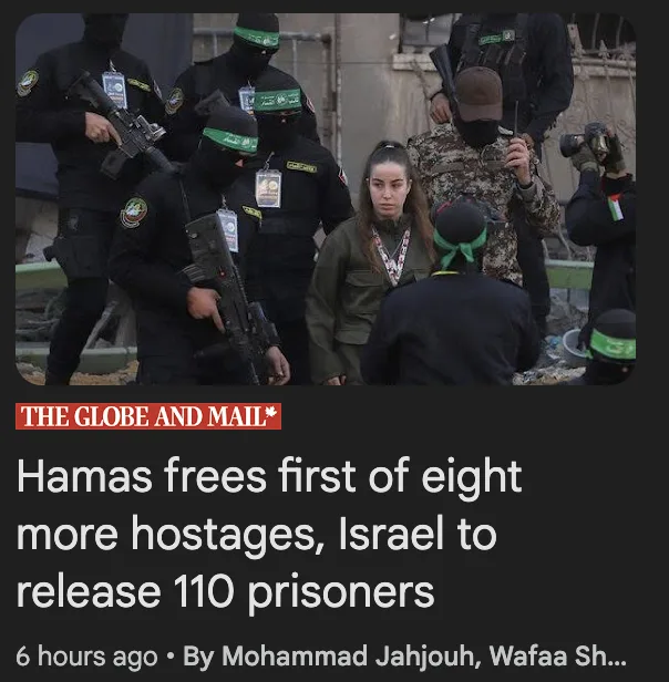 A screenshot of a news article from The Globe and Mail shows a woman in a green jacket surrounded by armed men in black…