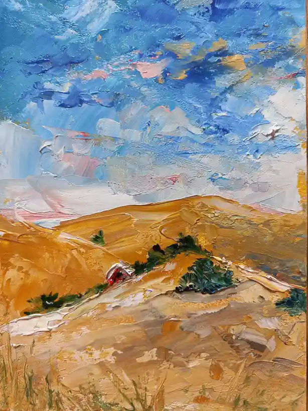 A thickly painted impressionist-style landscape shows rolling golden hills under a textured blue and white sky, with a small…
