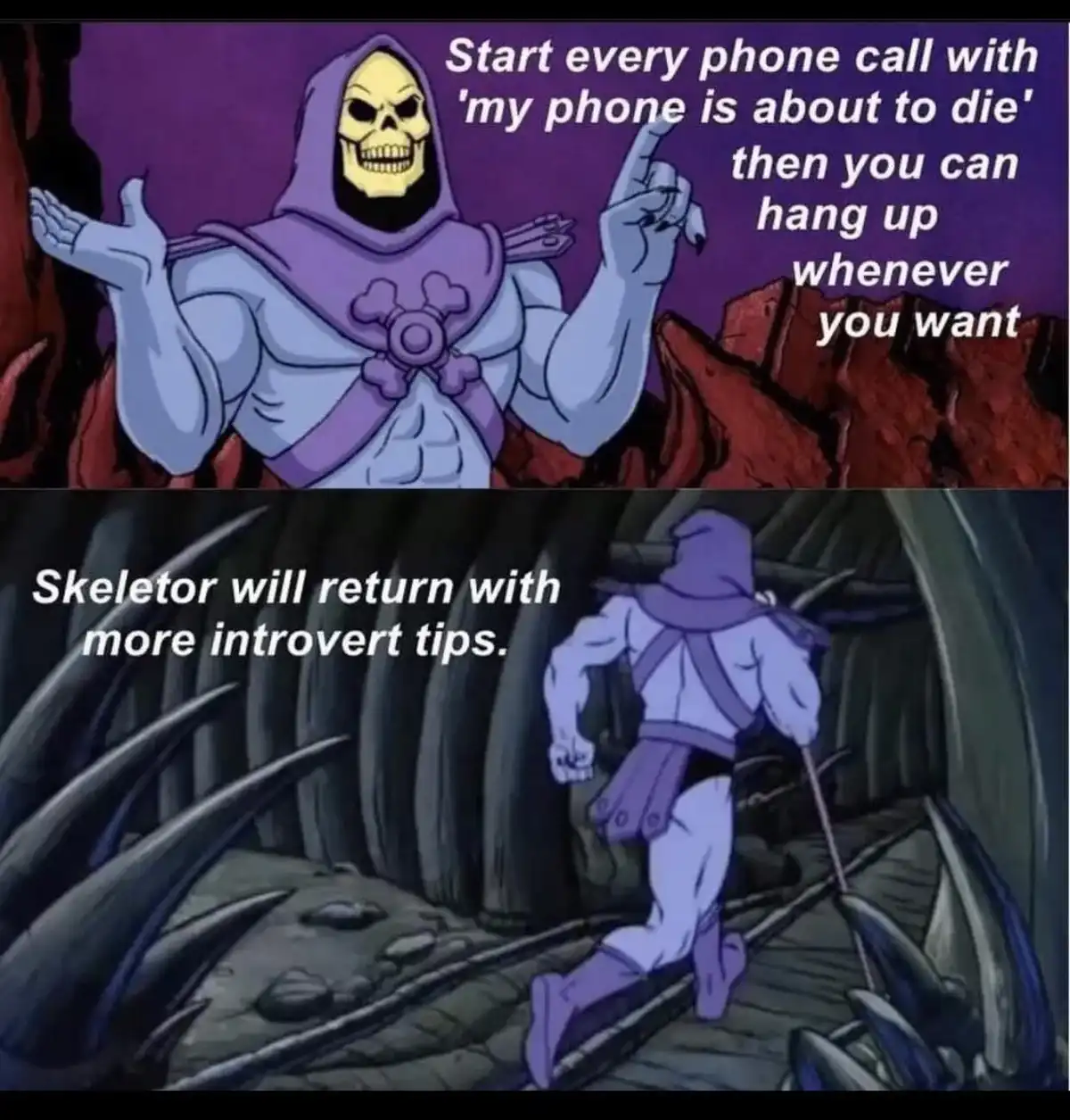 The top panel shows Skeletor, a purple-hooded skeletal villain, gesturing with both hands while text says 'Start every phone…