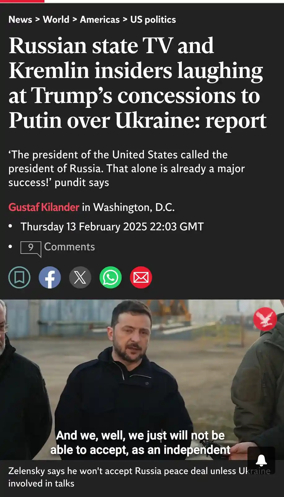 The image displays a screenshot of a fake news article with a headline about Russian insiders laughing at Trump's Ukraine…