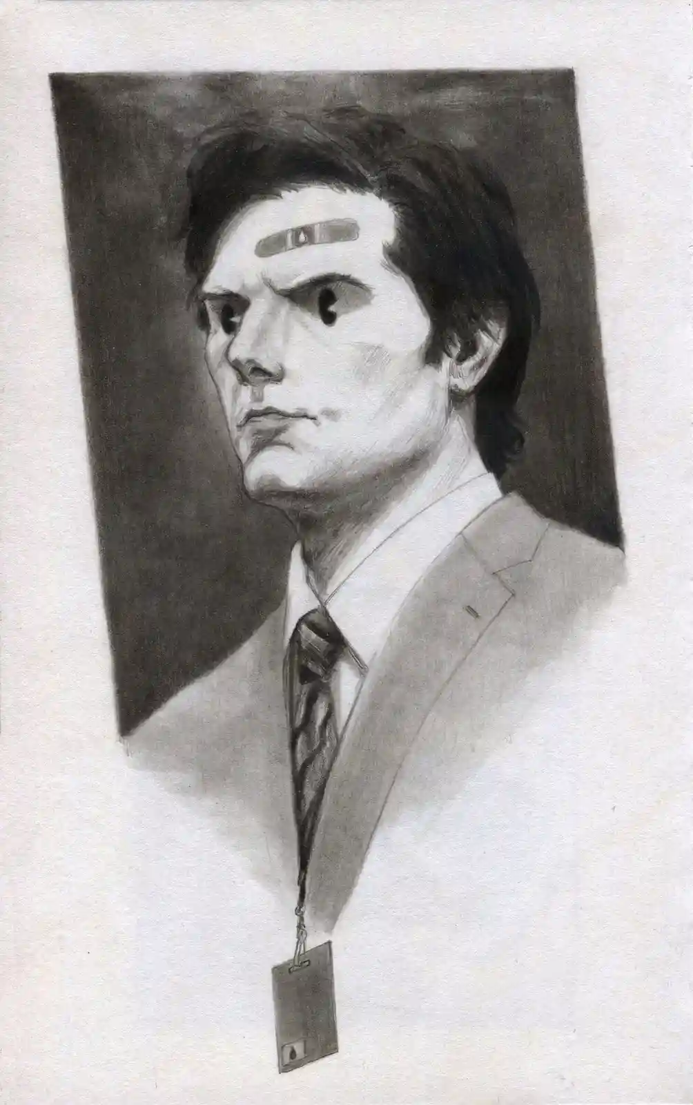 A black-and-white pencil sketch of a man in a suit and tie, looking sternly to the side. He has a bandage on his forehead…