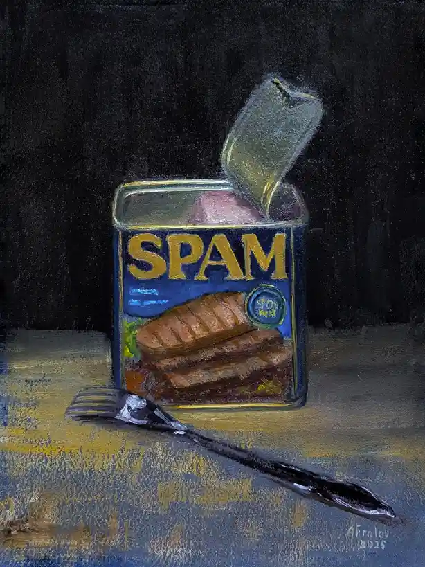 A painting depicts an open can of SPAM with its lid tilted back, revealing the meat inside, set against a dark background. A…