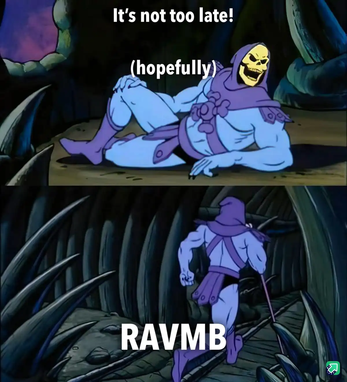 The meme features two panels of the animated character Skeletor from 'He-Man and the Masters of the Universe'. In the top…
