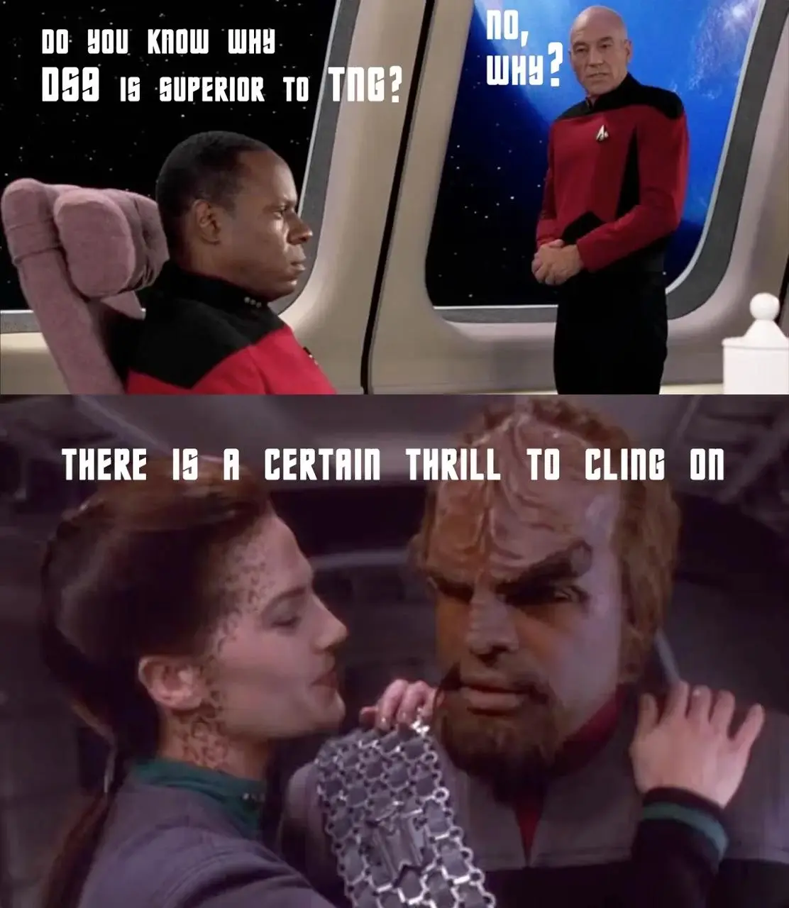 The top panel shows a Star Trek: Deep Space Nine character asking why DS9 is superior to TNG, while a Star Trek: The Next…