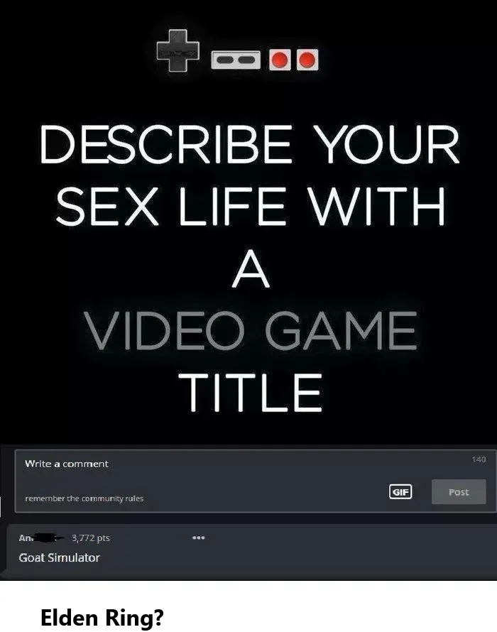 The image shows a Reddit comment section interface with a prompt asking users to describe their sex life with a video game…