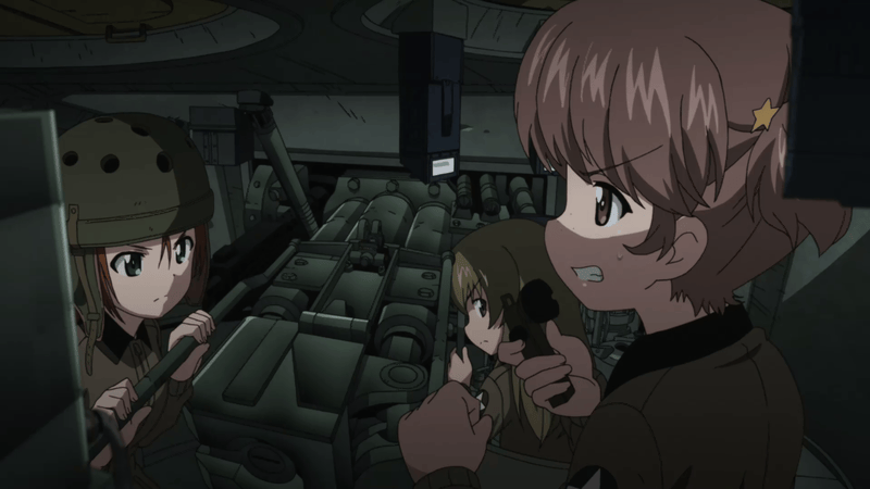 Two anime-style female soldiers in a tank interior react to an explosion outside. The top row shows them looking forward…