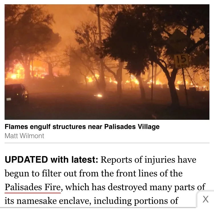 A news screenshot shows a fiery wildfire engulfing trees and structures at night, with a '15 MPH' speed limit sign visible…