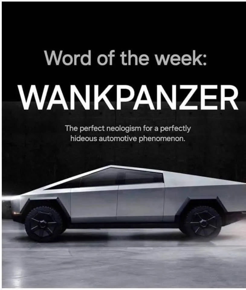 A silver, angular, futuristic-looking Tesla Cybertruck is shown in profile against a dark background. Overlaid white text…