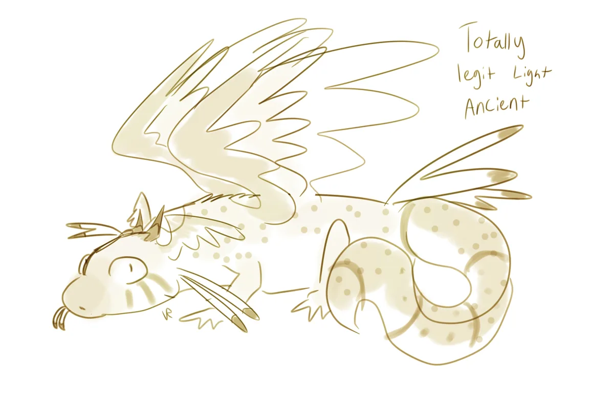 A simple, sketch-style drawing of a light-colored, spotted dragon with large wings and a curled tail, lying down with a…