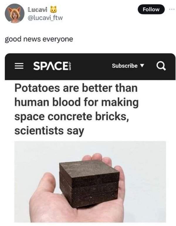 A screenshot of a social media post showing a Space.com article headline that reads 'Potatoes are better than human blood…