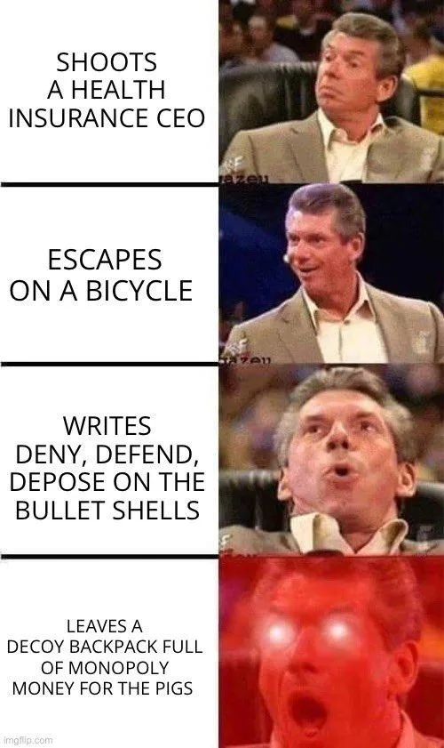 A four-panel meme featuring a man in a suit reacting with escalating shock. The first panel shows him looking annoyed, the…