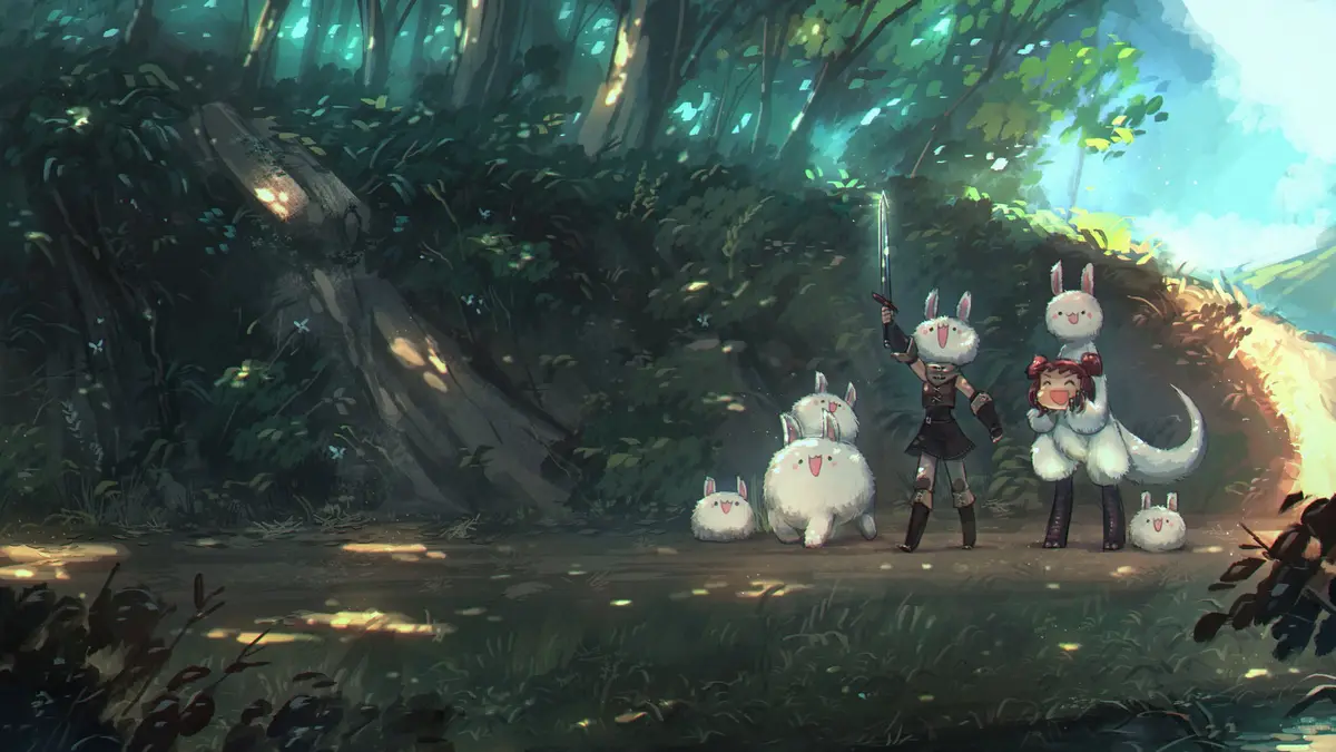 In a serene, sun-dappled forest, a group of fluffy white rabbit-like creatures surrounds two humanoids. One humanoid…