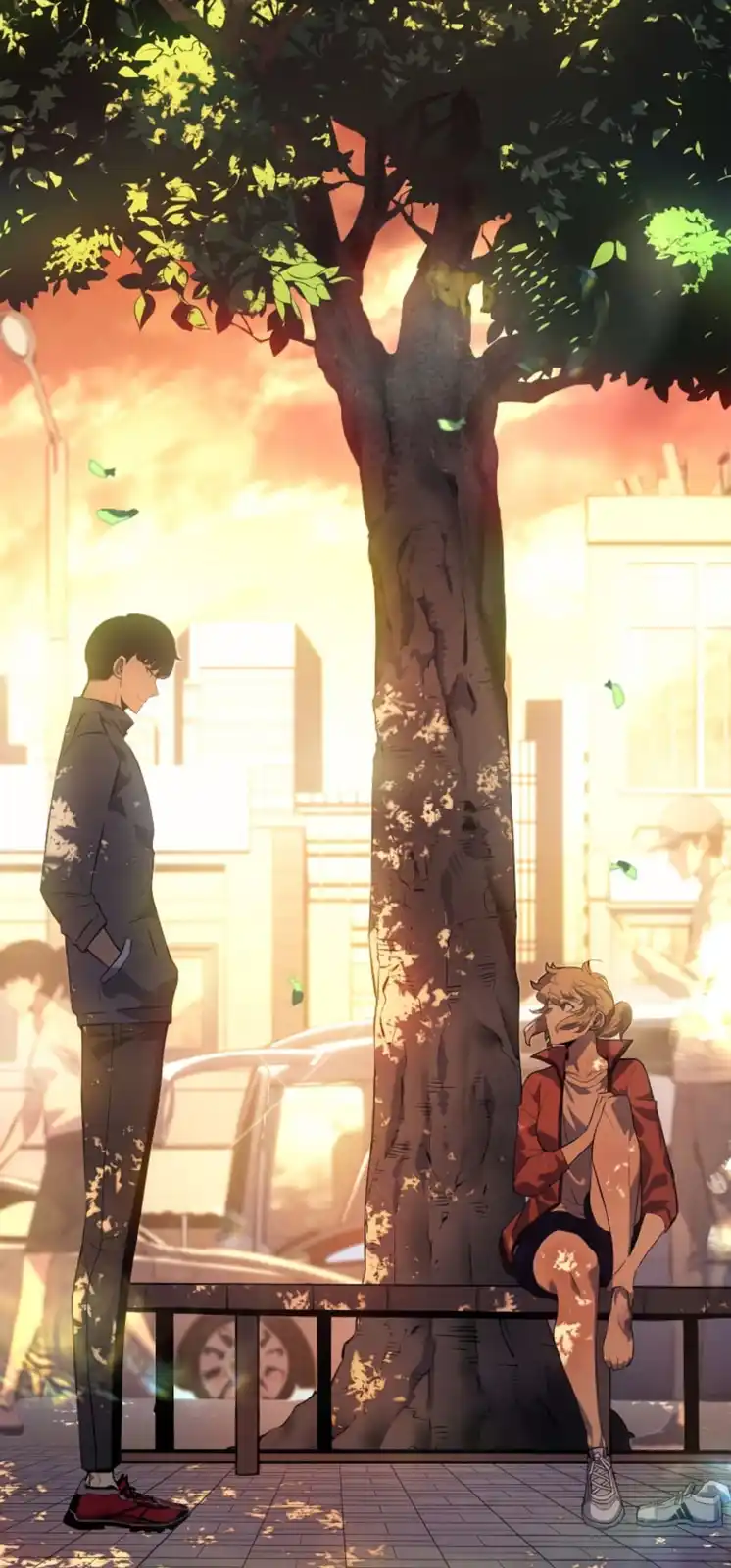 An anime-style illustration shows a young man standing and looking down at a young woman sitting on a bench under a large…