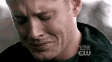 A six-panel image sequence shows a man, identified as Jensen Ackles from 'Supernatural', progressively crying with…