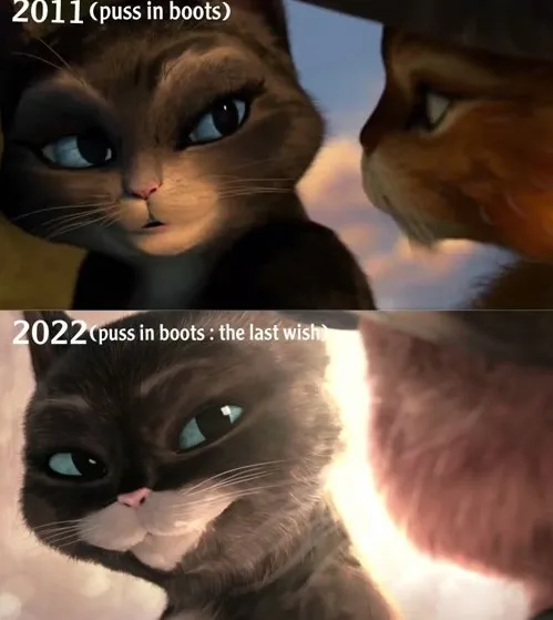 The image is a two-panel meme comparing two scenes from the animated movie 'Puss in Boots'. The top panel shows the…