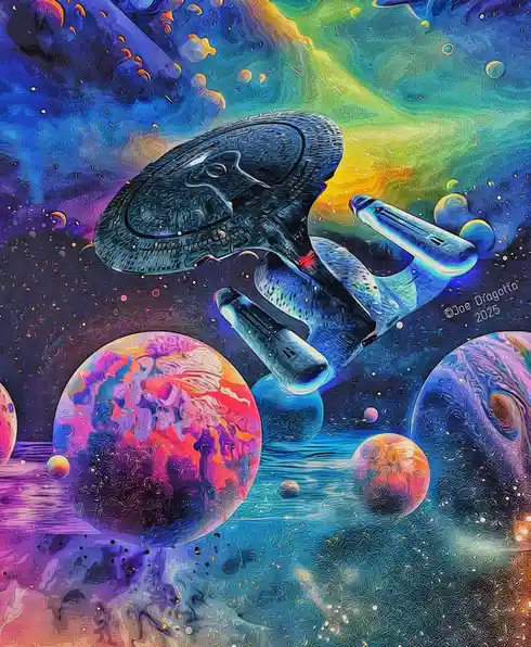A vibrant, psychedelic painting depicts a Star Trek Enterprise spaceship flying through a colorful nebula filled with…