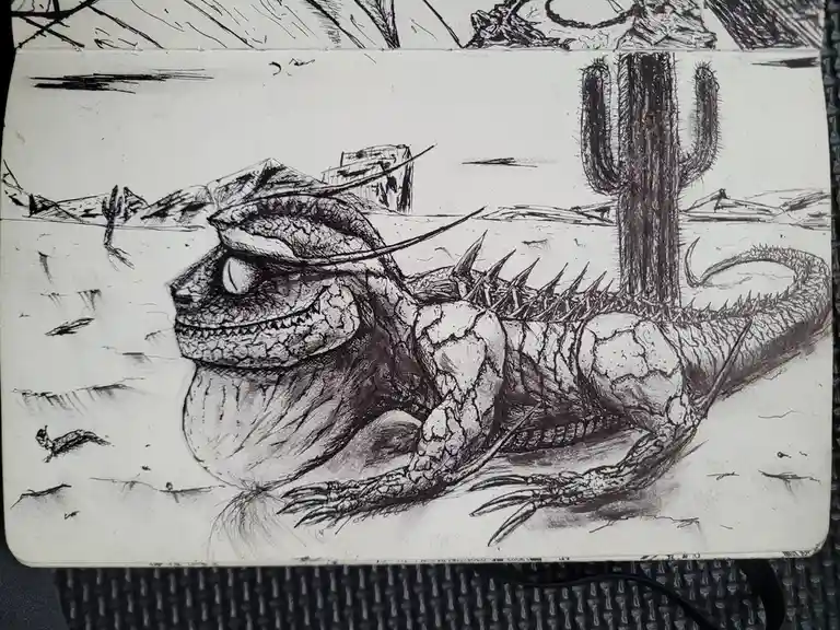 A detailed black-and-white sketch depicts a large, muscular, spiky lizard-like creature lying in a desert landscape with…