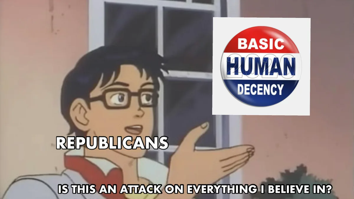 An anime character with glasses gestures in surprise while a 'basic human decency 2020' button is superimposed on the image…