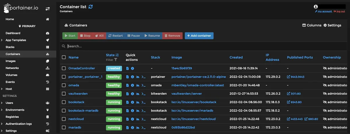 A screenshot of the Portainer.io container management dashboard showing a list of running containers. The 'OmadaController'…