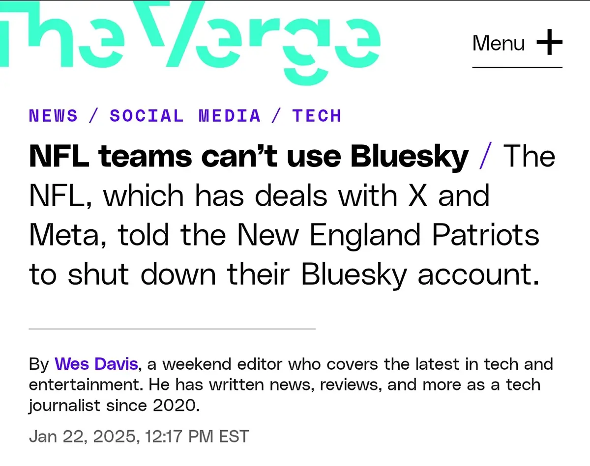 A screenshot of a The Verge news article from January 22, 2025, with the headline 'NFL teams can't use Bluesky / The NFL…