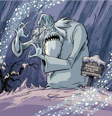 A large, menacing, snow-covered troll-like creature with sharp teeth and claws stands in a snowy, icy landscape. It holds up…