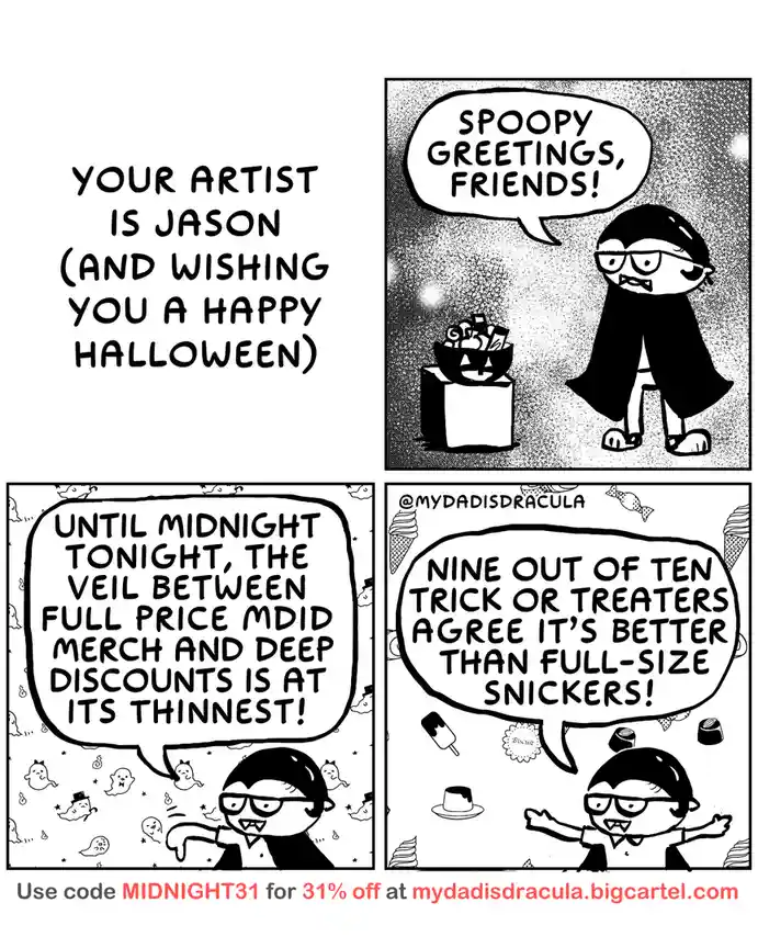 A four-panel black-and-white comic strip by Jason, who wishes viewers a happy Halloween. The character, dressed as a…
