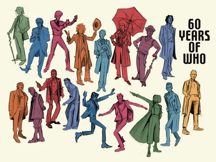 An illustrated collage of numerous Doctor Who characters, each depicted in a distinct color, arranged in two rows. The text…