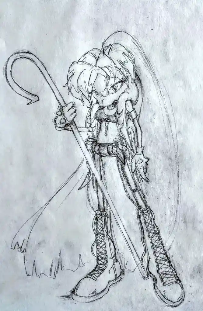 A pencil sketch of a chibi-style anthropomorphic female character with long hair, holding a curved staff, wearing a belt…
