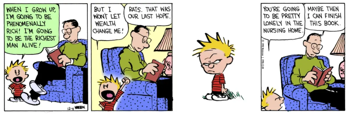 A three-panel comic strip featuring a young boy enthusiastically declaring his ambition to become the richest man alive…
