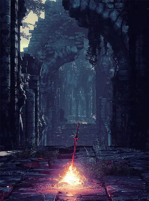 The image displays three identical panels of a dark, atmospheric scene from a video game, showing a glowing red sword…