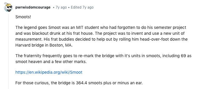 A screenshot of a Reddit post by user 'pwrwisdomcourage' detailing the origin of the 'smoot' unit of measurement. The text…