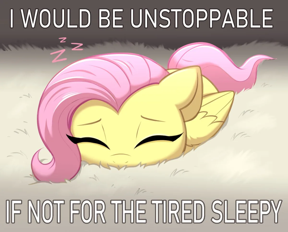 A cartoon pony with yellow fur and a large pink mane is sleeping peacefully on its side in grass, with 'zzz' sleep symbols…