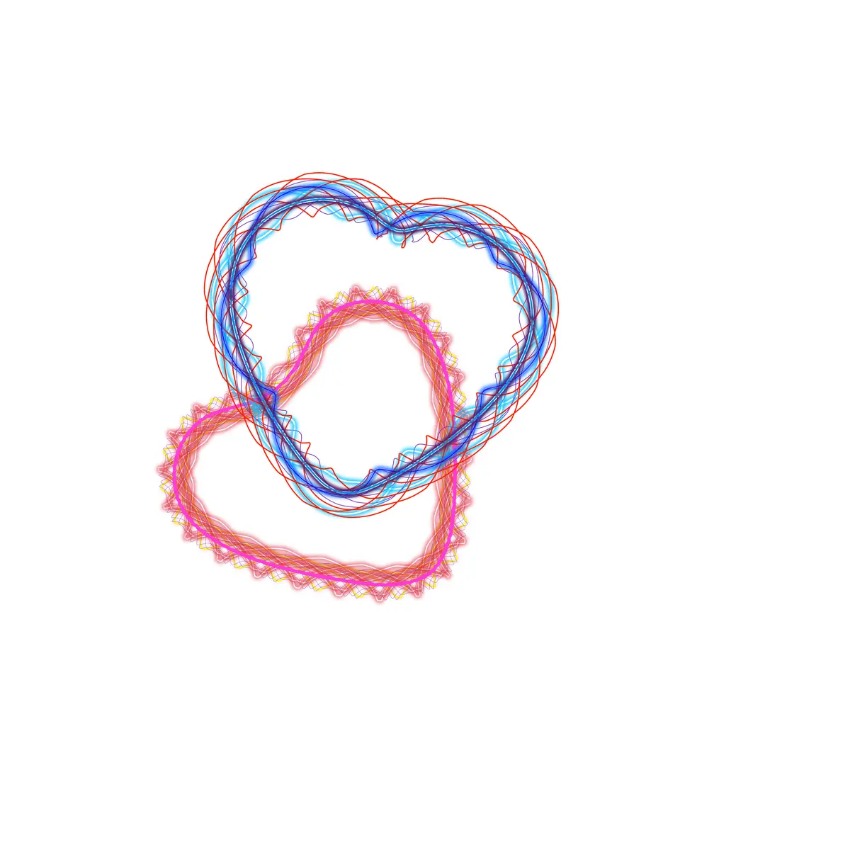 The image displays a stylized, abstract number '8' formed by overlapping, colorful, wavy lines in red, blue, and pink…