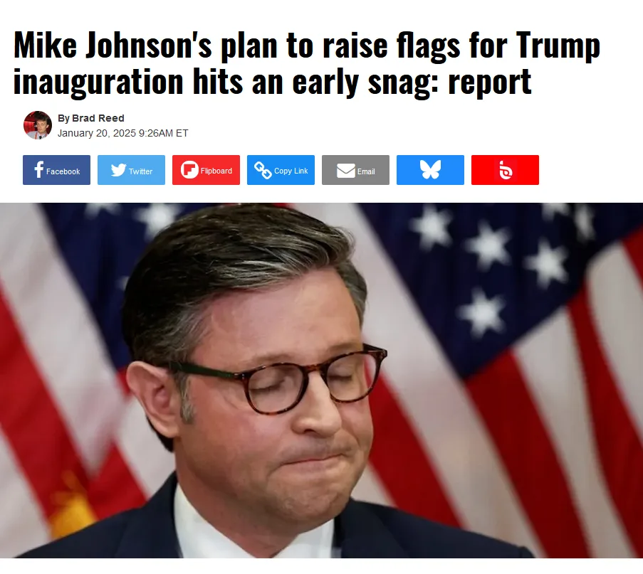 A screenshot of a news article headline about Mike Johnson's plan to raise flags for Trump's inauguration encountering an…