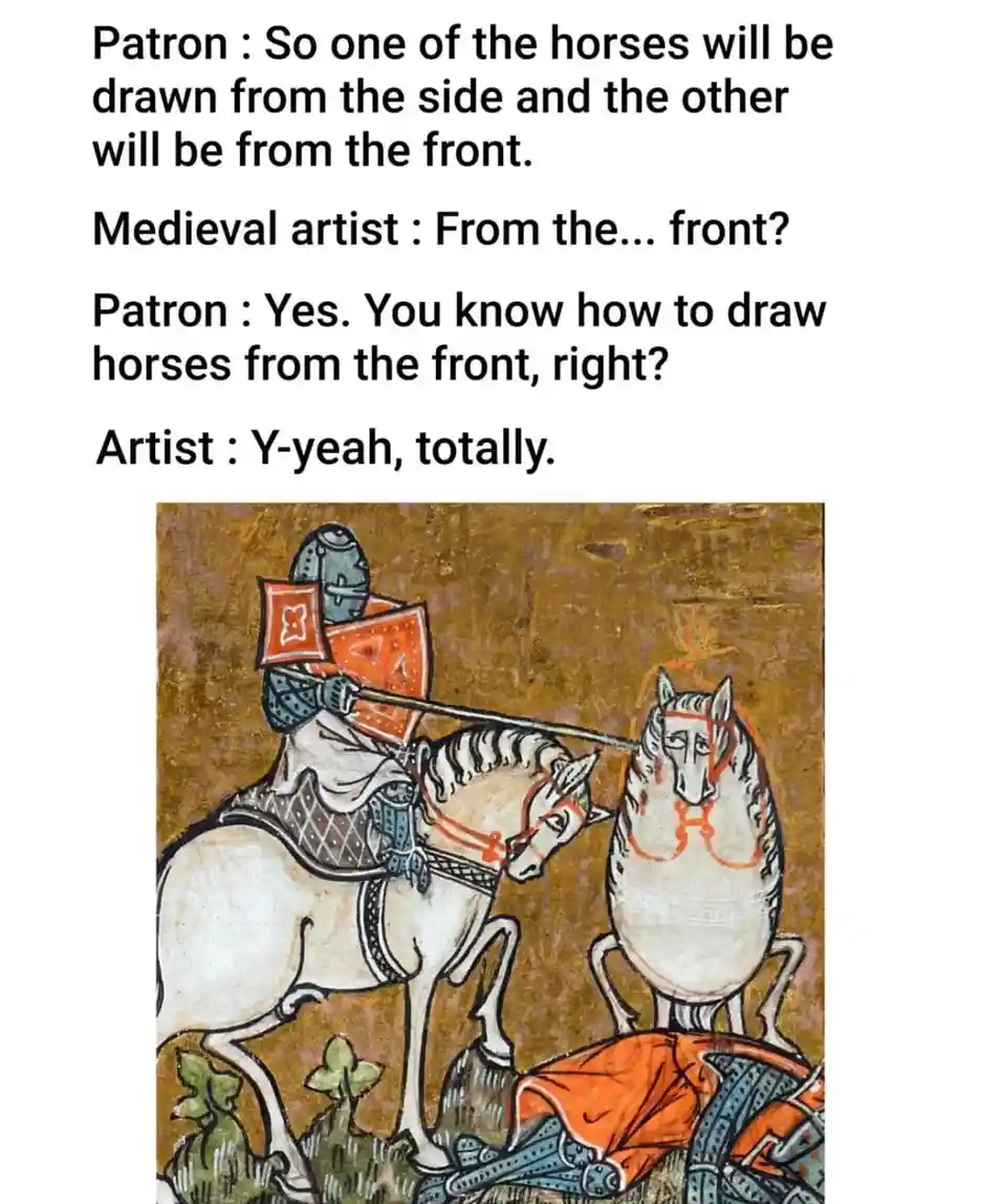 The image shows a medieval-style illustration of a knight on a horse, with another horse depicted in a front-facing…